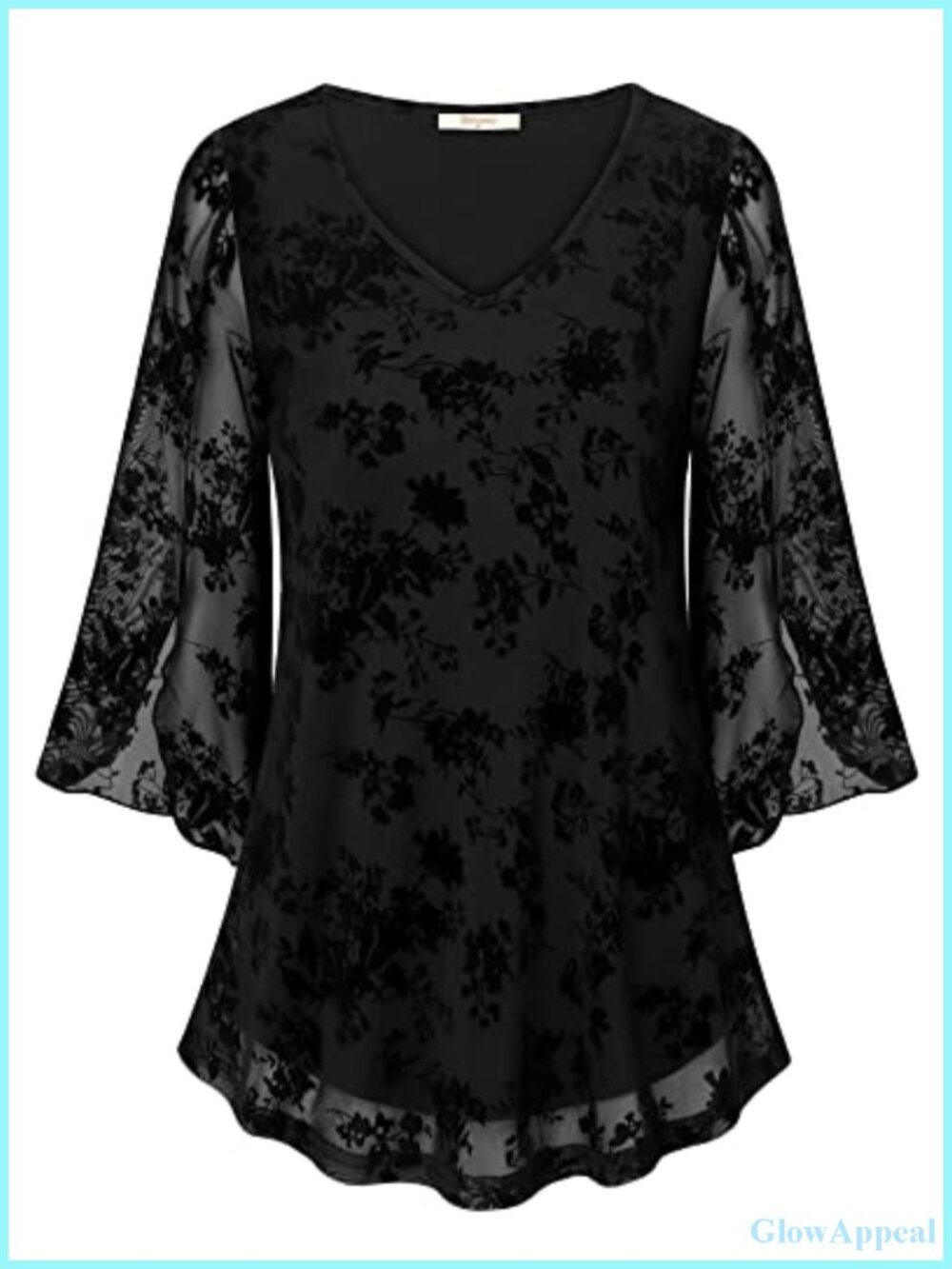 Ruffle 3/4 Sleeve V Neck Sheer Mesh Blouse Flowy Tunic Top
